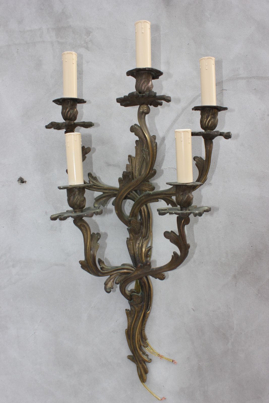Pair Of Large Wall Lamps With 5 Bulb Lights Of Louis XV Rococo Style Bronze Sconces photo vintage