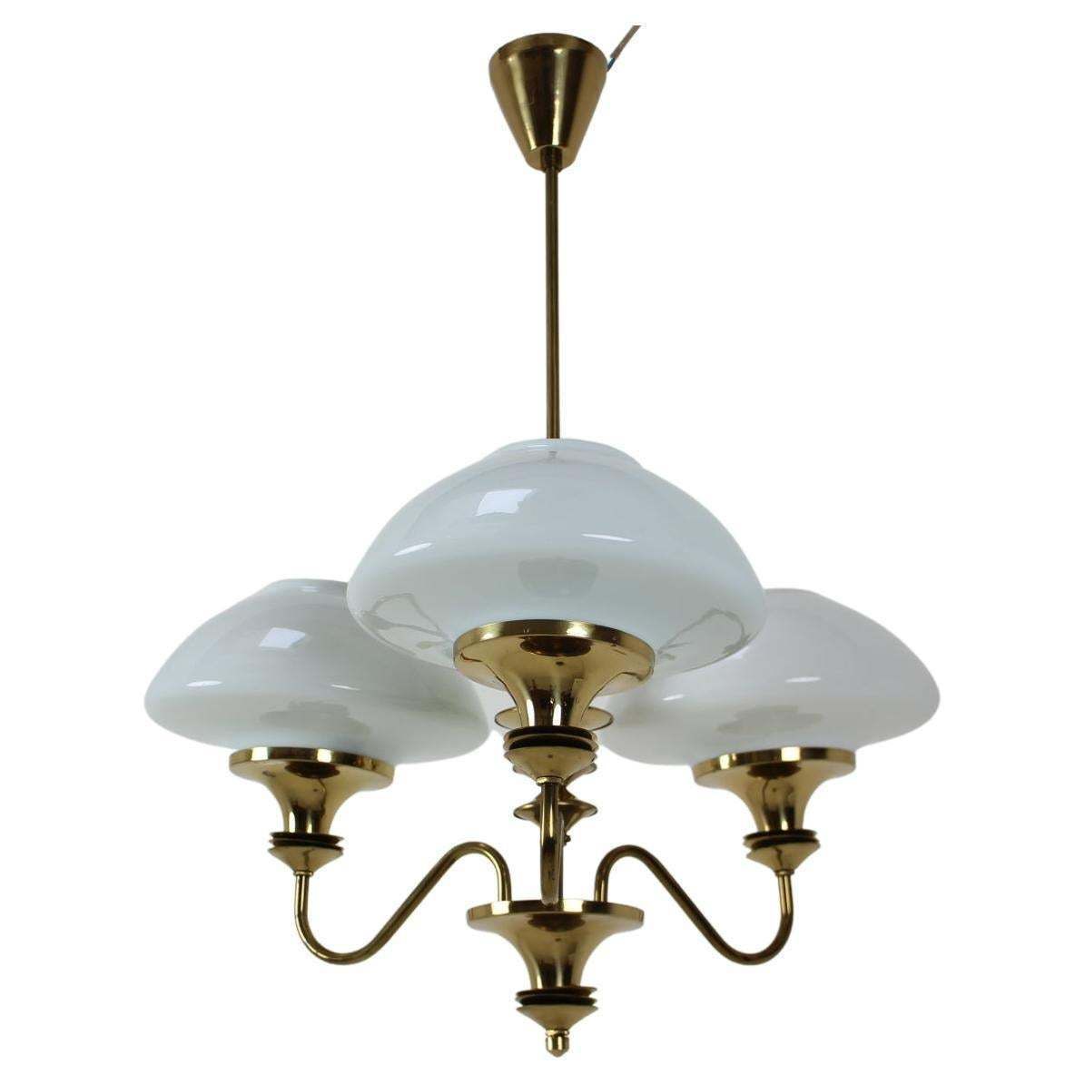Mid Century Brass Chandelier, Czechoslovakia, 1970s, Made In Jablonec Glassworks