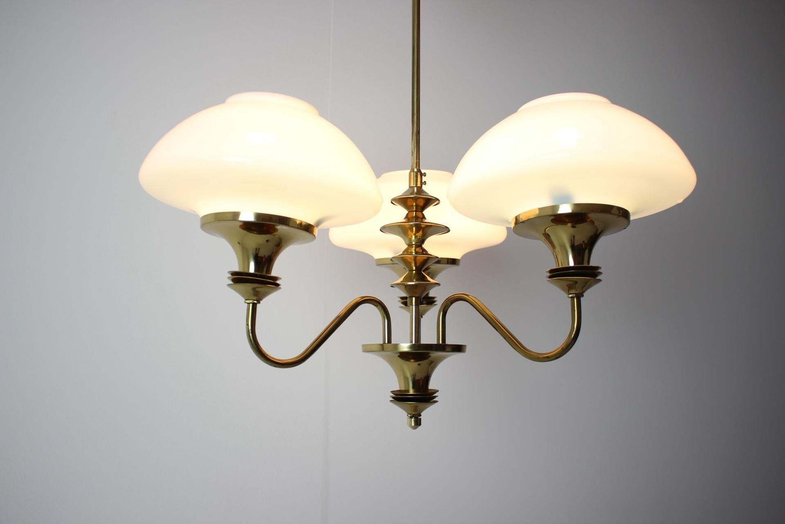 photo furniture Mid Century Brass Chandelier, Czechoslovakia, 1970s, Made In Jablonec Glassworks