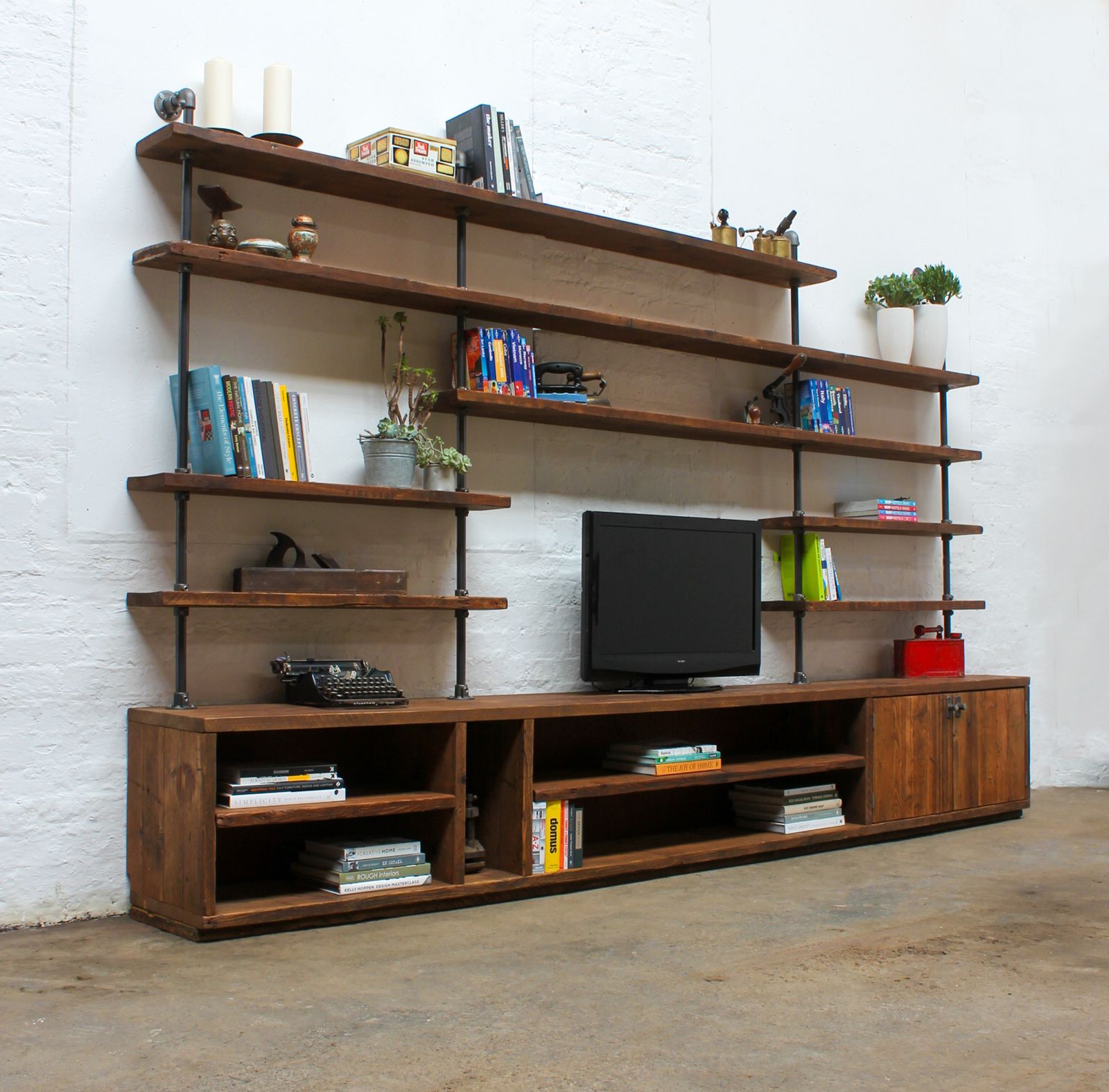 Hector Reclaimed Chestnut Stained Scaffolding Board And Steel Pipe Shelving Unit With Cupboard