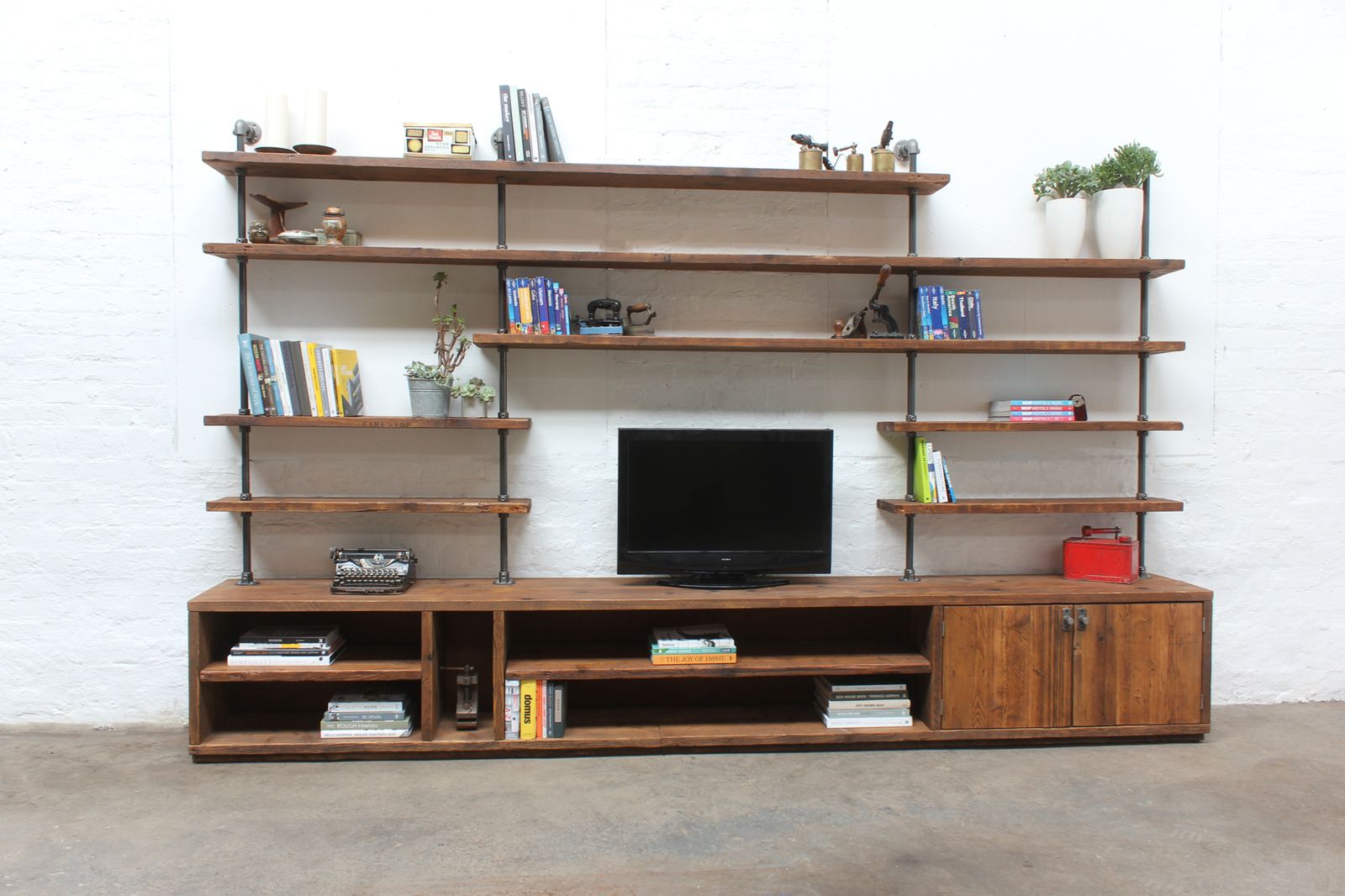 Hector Reclaimed Chestnut Stained Scaffolding Board And Steel Pipe Shelving Unit With Cupboard photo furniture