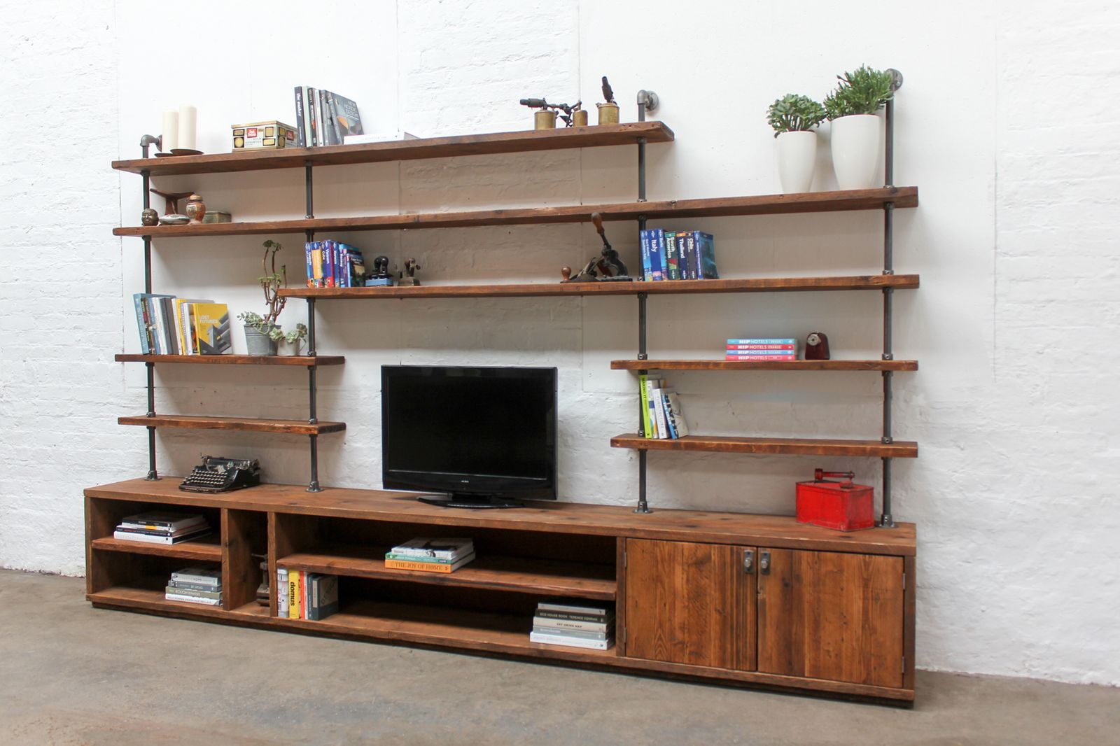 Hector Reclaimed Chestnut Stained Scaffolding Board And Steel Pipe Shelving Unit With Cupboard photo for sale