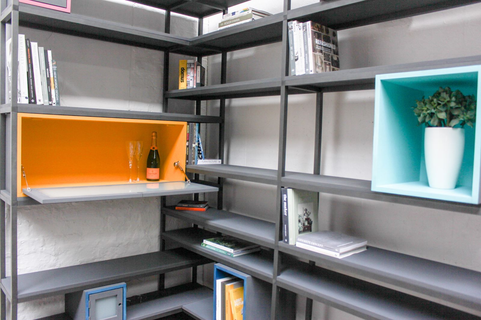 Rhys Bespoke Birch Ply And Aluminium Box Section Colourful Shelves And Storage With Drinks Cabinet photo for sale