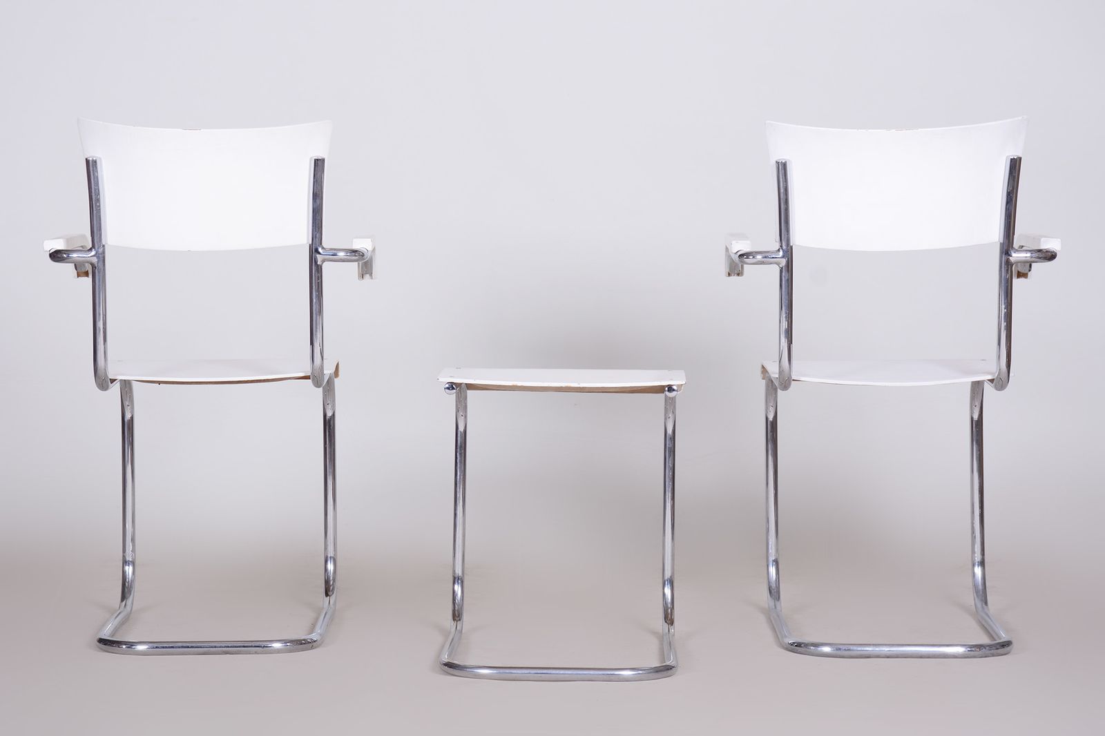 photo furniture Pair Of Original White Mucke Melder Chairs And Stool Made In 1930s Czechia