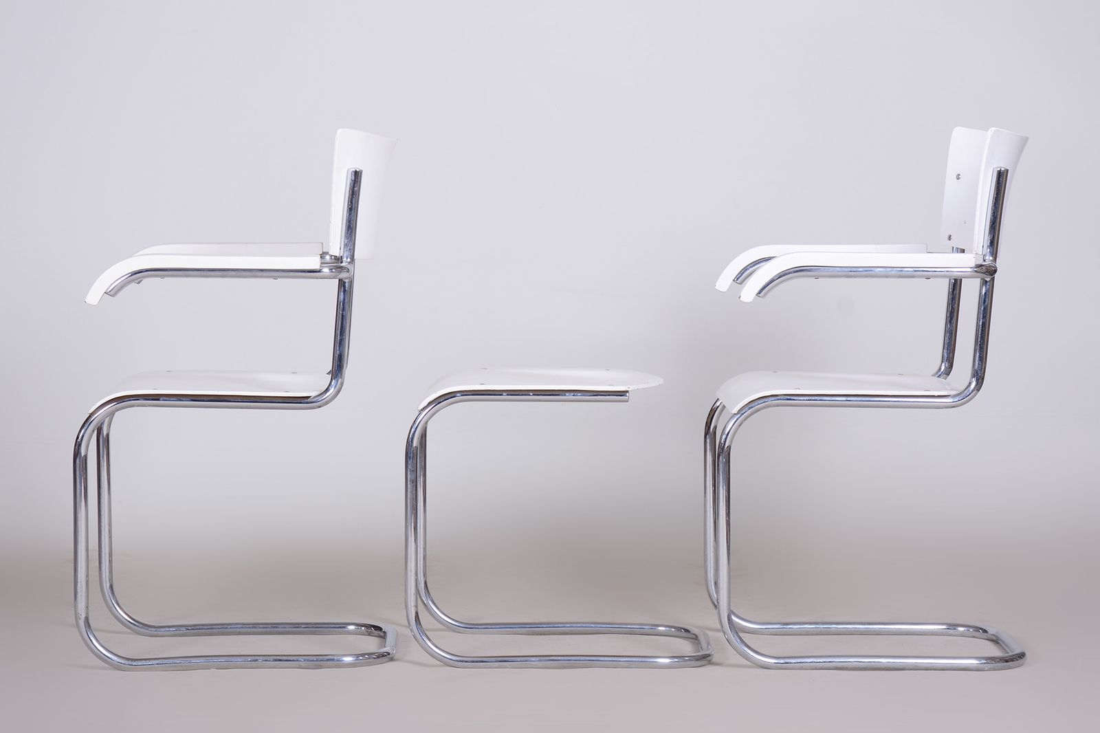 photo buy Pair Of Original White Mucke Melder Chairs And Stool Made In 1930s Czechia