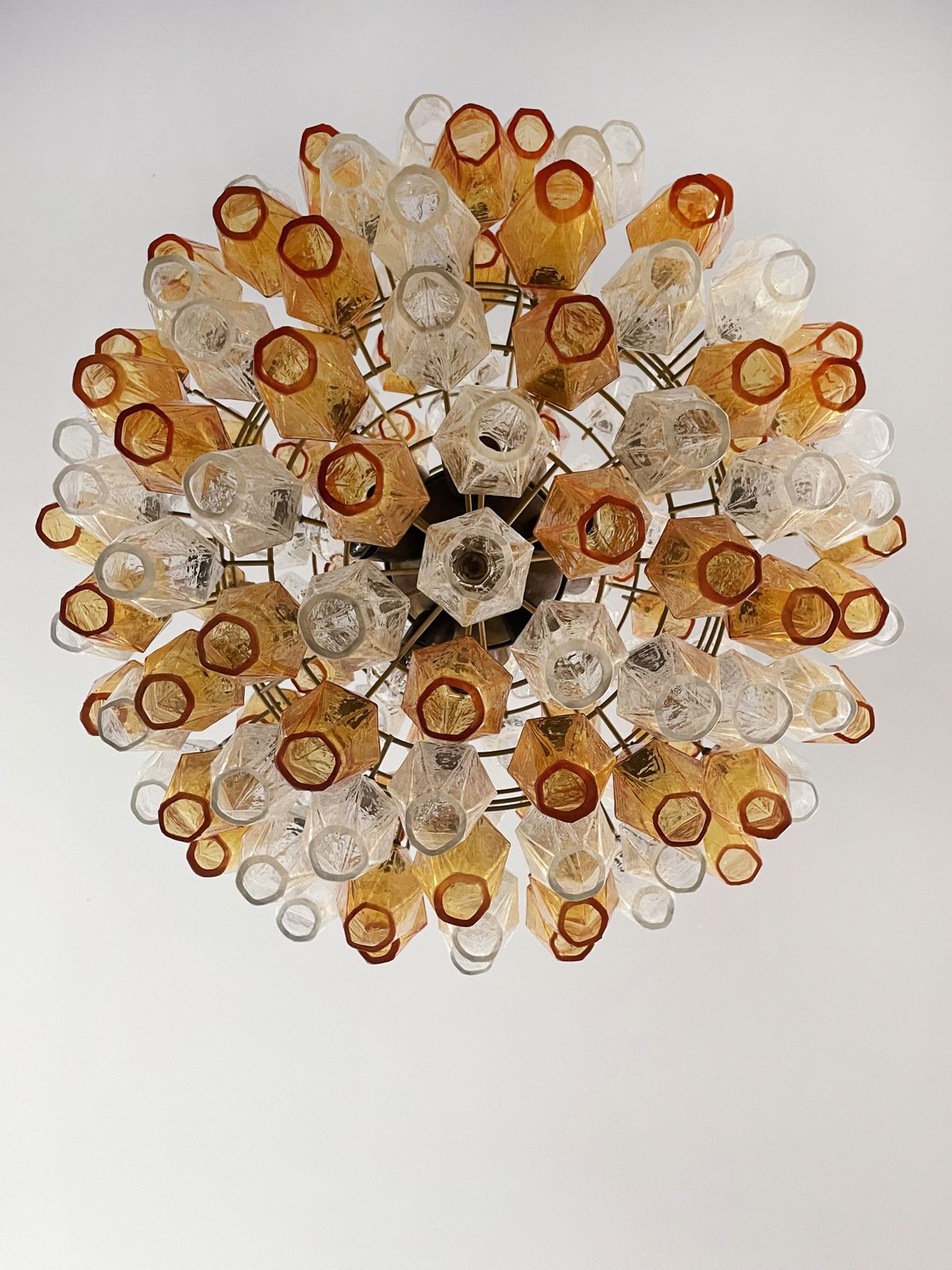 photo for sale Amazing Spherical Murano Poliedri Candelier   140 Amber And Clear Poliedri