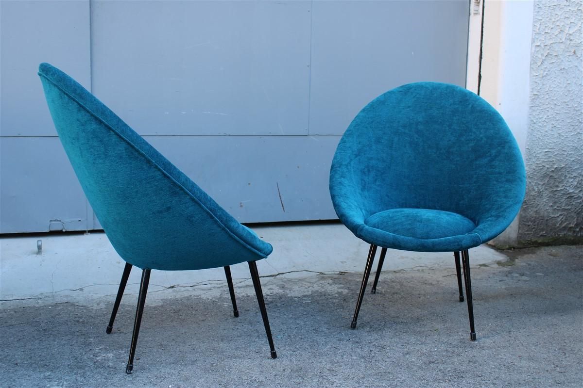 Pair Mid Century Oval Egg Chairs Blu Velvet Ico Parisi Style Italian Design 1950 photo for sale