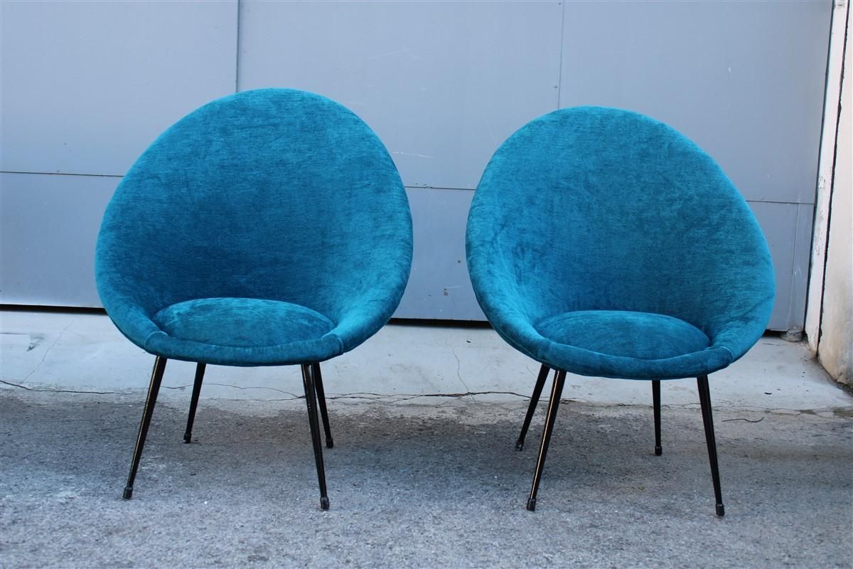 Pair Mid Century Oval Egg Chairs Blu Velvet Ico Parisi Style Italian Design 1950 photo vintage