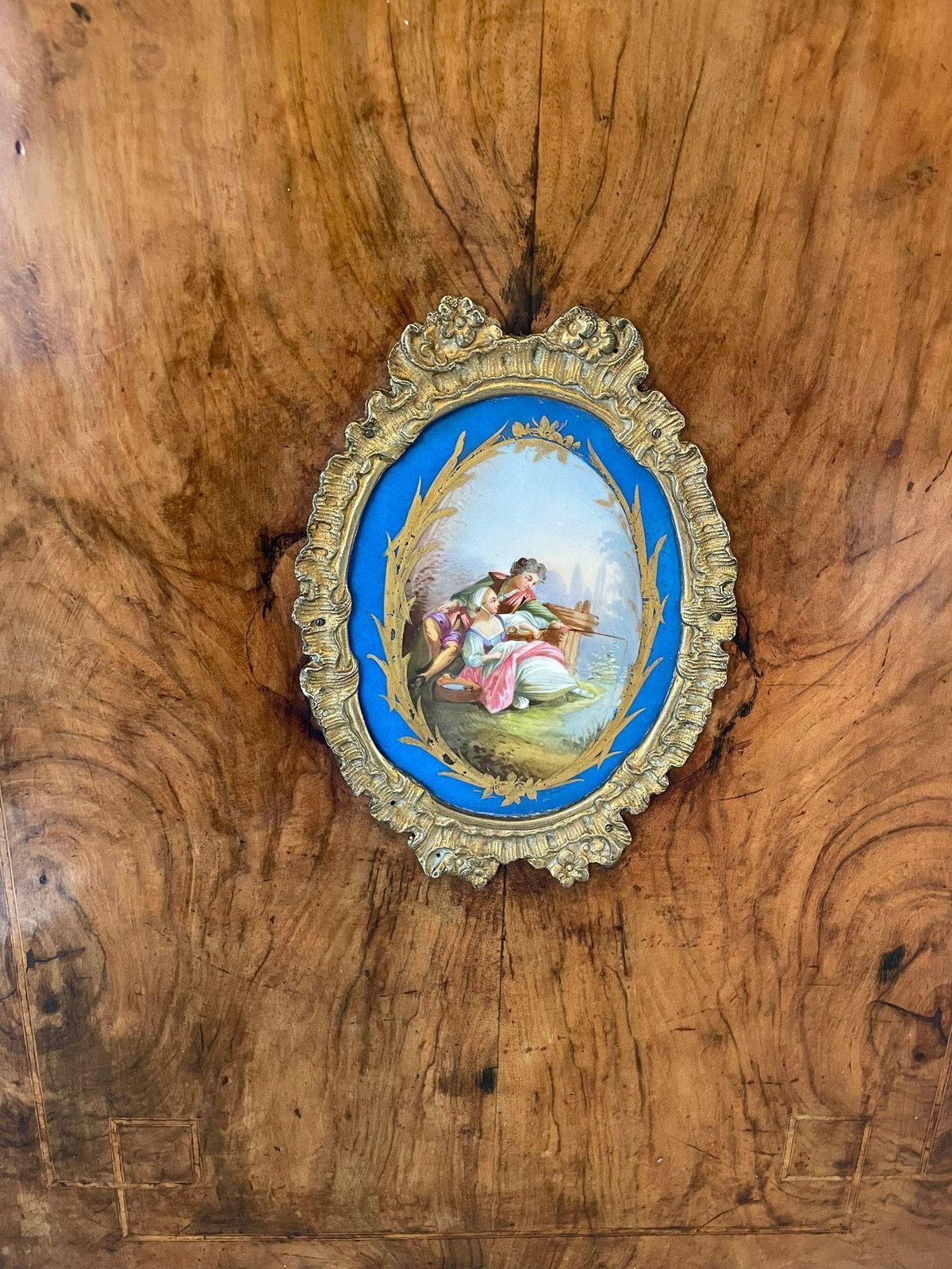 Fantastic Pair Of Antique Inlaid Burr Walnut And Porcelain Mounted Pier Cabinets photo buy