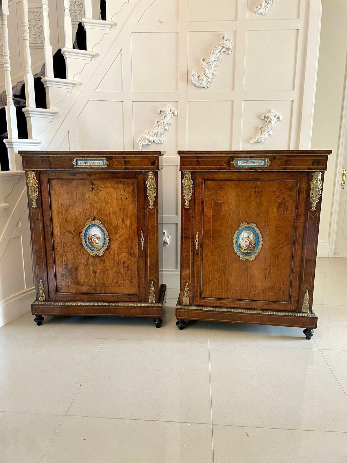 Furniture Fantastic Pair Of Antique Inlaid Burr Walnut And Porcelain Mounted Pier Cabinets photo