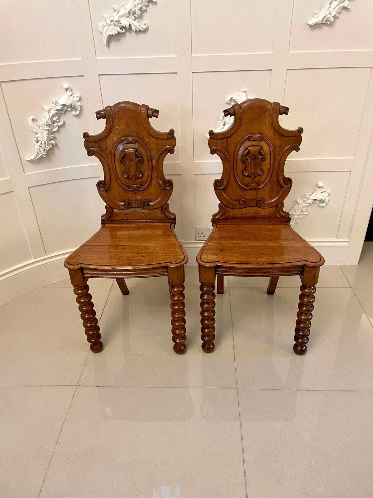 photo furniture Pair Of Antique Victorian Carved Oak Hall Chairs