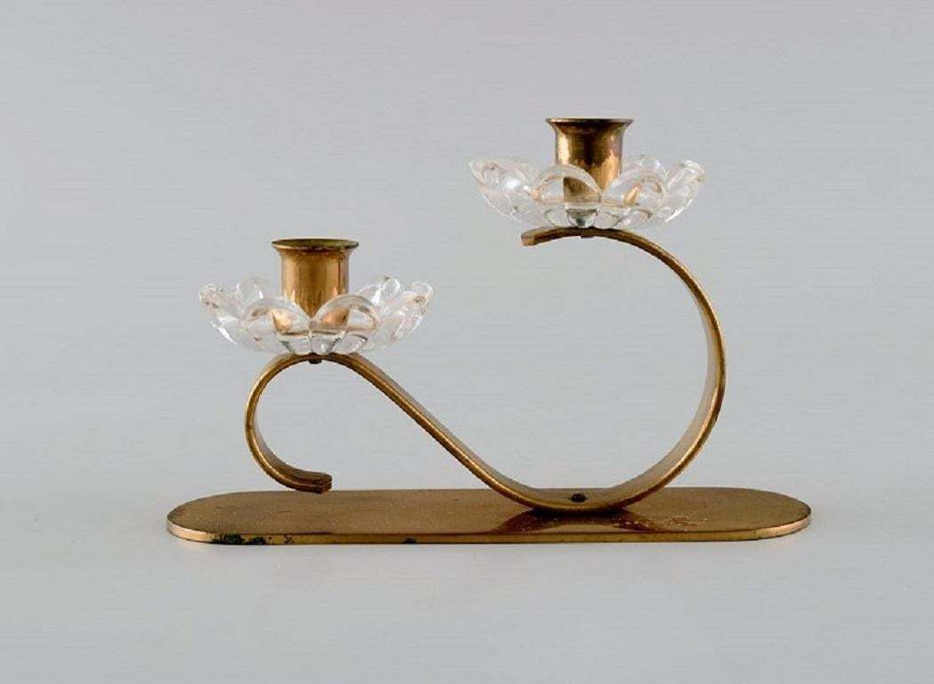 Gunnar Ander For Ystad Metall Two Candlesticks In Brass And Clear Art Glass photo for sale