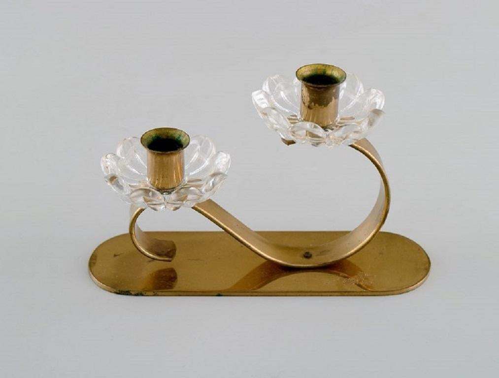 Gunnar Ander For Ystad Metall Two Candlesticks In Brass And Clear Art Glass photo 270.0