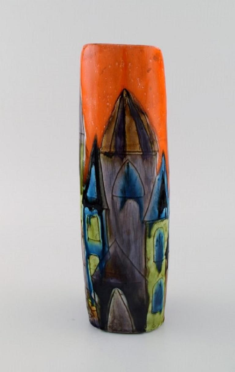 Elio Schiavon, Italy, Unique Vase In Glazed Ceramics With City Motif photo furniture