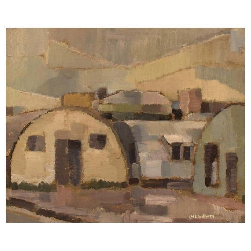 L.H. Lindberg, Sweden, Oil On Board, Modernist Landscape With Houses, 1960s /70s