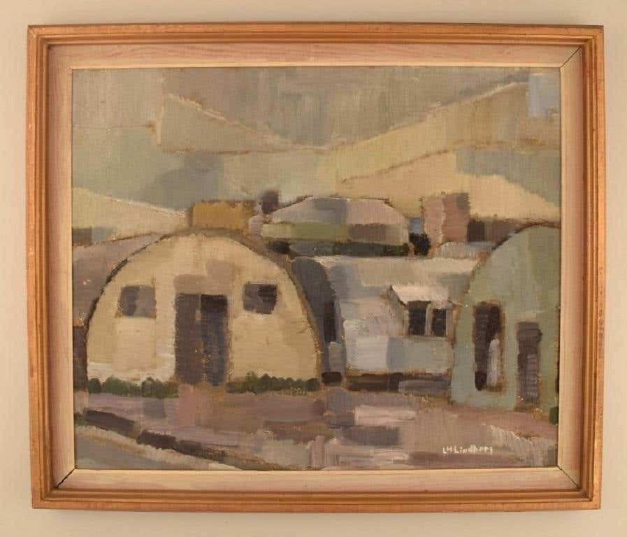 L.H. Lindberg, Sweden, Oil On Board, Modernist Landscape With Houses, 1960s /70s photo furniture