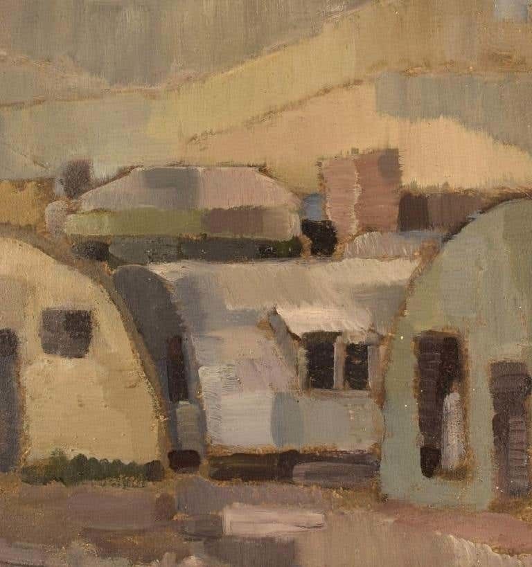 L.H. Lindberg, Sweden, Oil On Board, Modernist Landscape With Houses, 1960s /70s photo Art