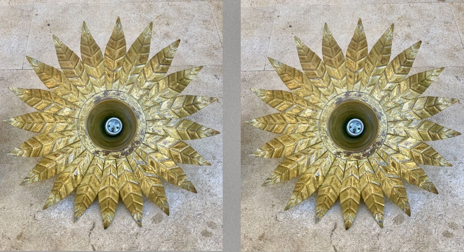 Pair Of Mid Century Spanish Sunburst Ceiling Light Fixture Or Wall Sconce In Wrought Gilt Iron, 1960s