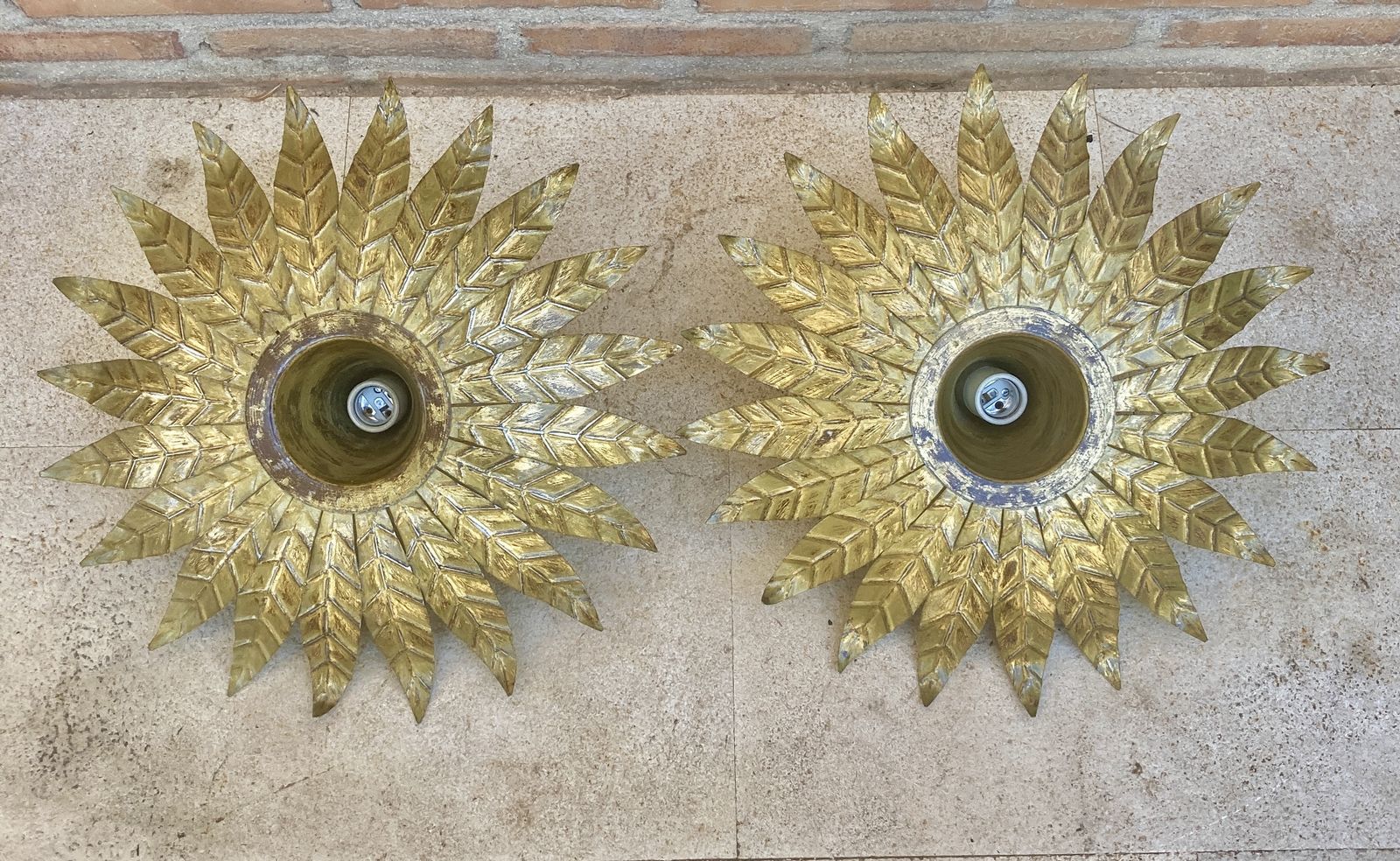 Pair Of Mid Century Spanish Sunburst Ceiling Light Fixture Or Wall Sconce In Wrought Gilt Iron, 1960s photo vintage