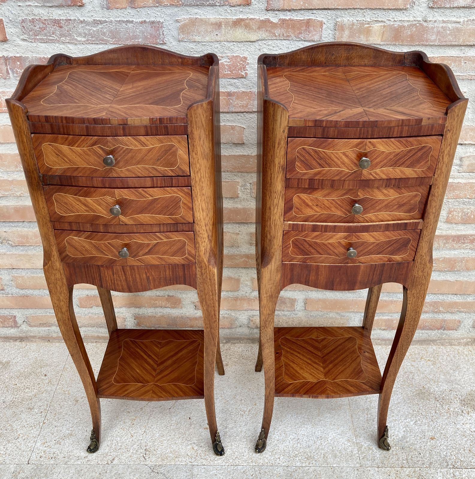 Pair Of French Louis XV Style Walnut And Marquetry Bedside Tables Or Nightstands With Three Drawers And Shelve photo furniture