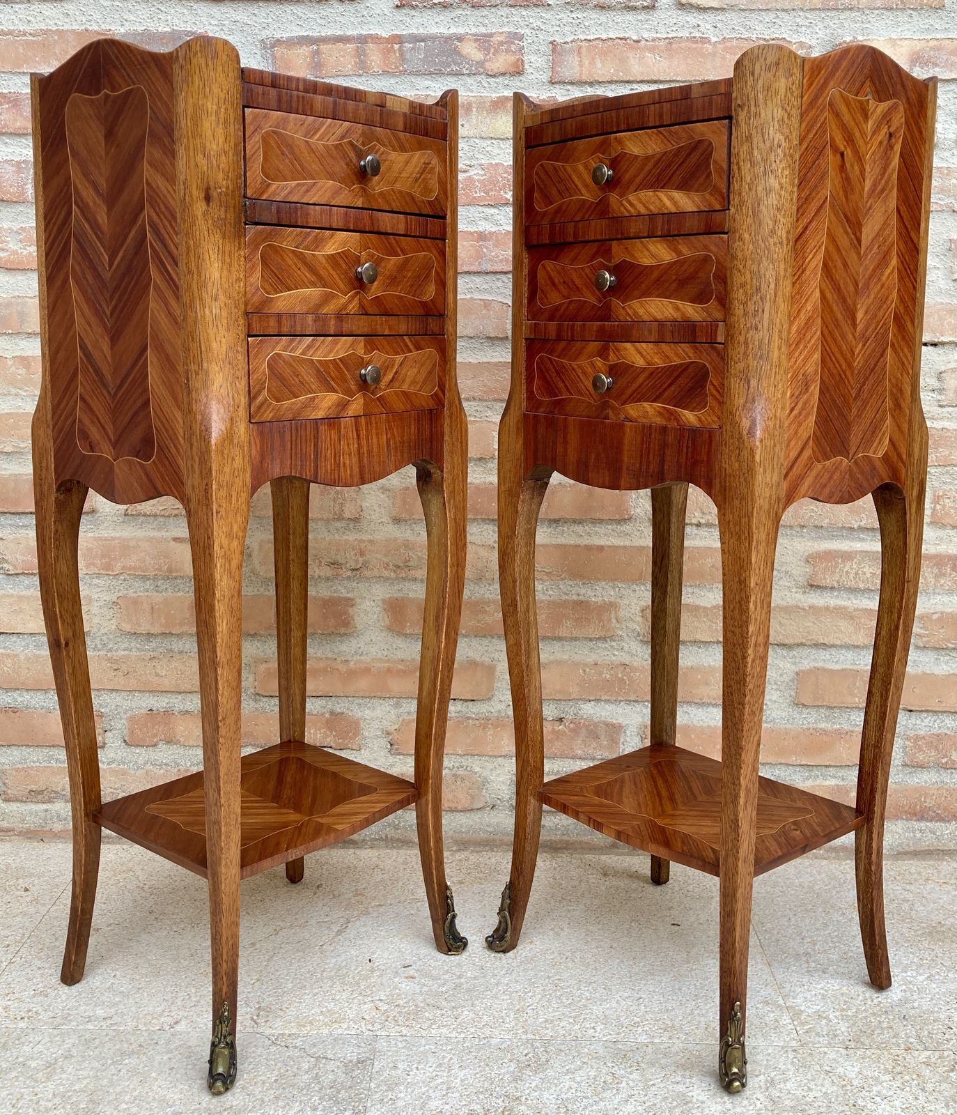 Pair Of French Louis XV Style Walnut And Marquetry Bedside Tables Or Nightstands With Three Drawers And Shelve photo vinterior