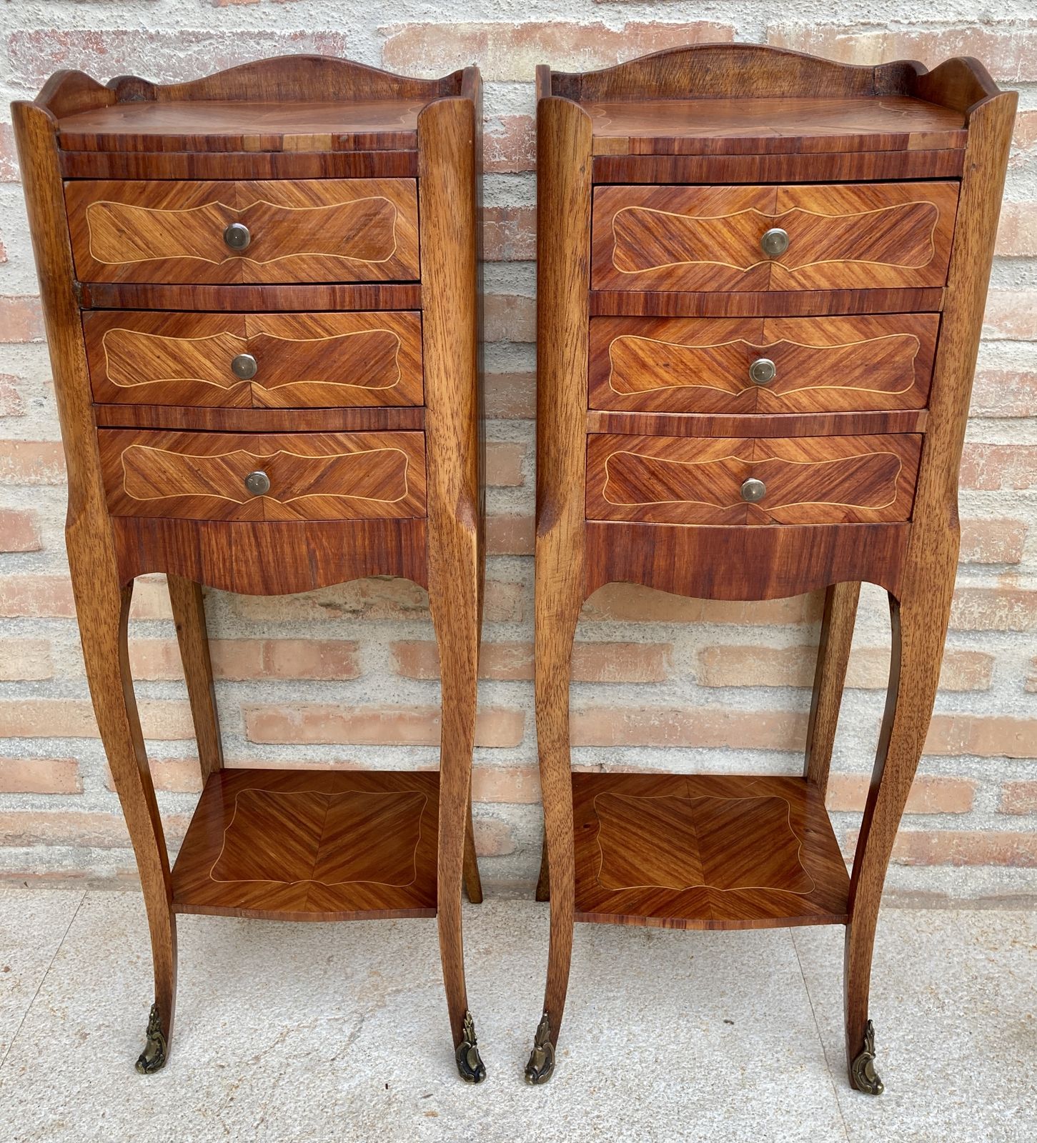 3460.0 Pair Of French Louis XV Style Walnut And Marquetry Bedside Tables Or Nightstands With Three Drawers And Shelve photo