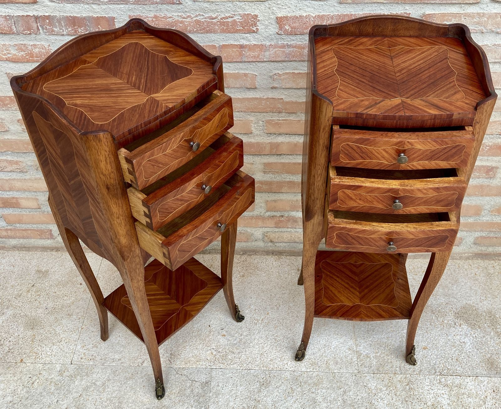 photo buy Pair Of French Louis XV Style Walnut And Marquetry Bedside Tables Or Nightstands With Three Drawers And Shelve