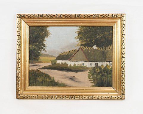 Oil Painter Of Farmhouse In Forest, Painted On A Wooden Plate From Around 1930s.