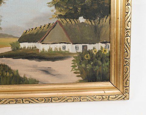 Oil Painter Of Farmhouse In Forest, Painted On A Wooden Plate From Around 1930s. photo for sale