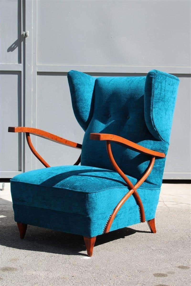 Pair Of Italian Armchairs In Cherry Wood Blue Velvet Paolo Buffa Design 1950 photo for sale
