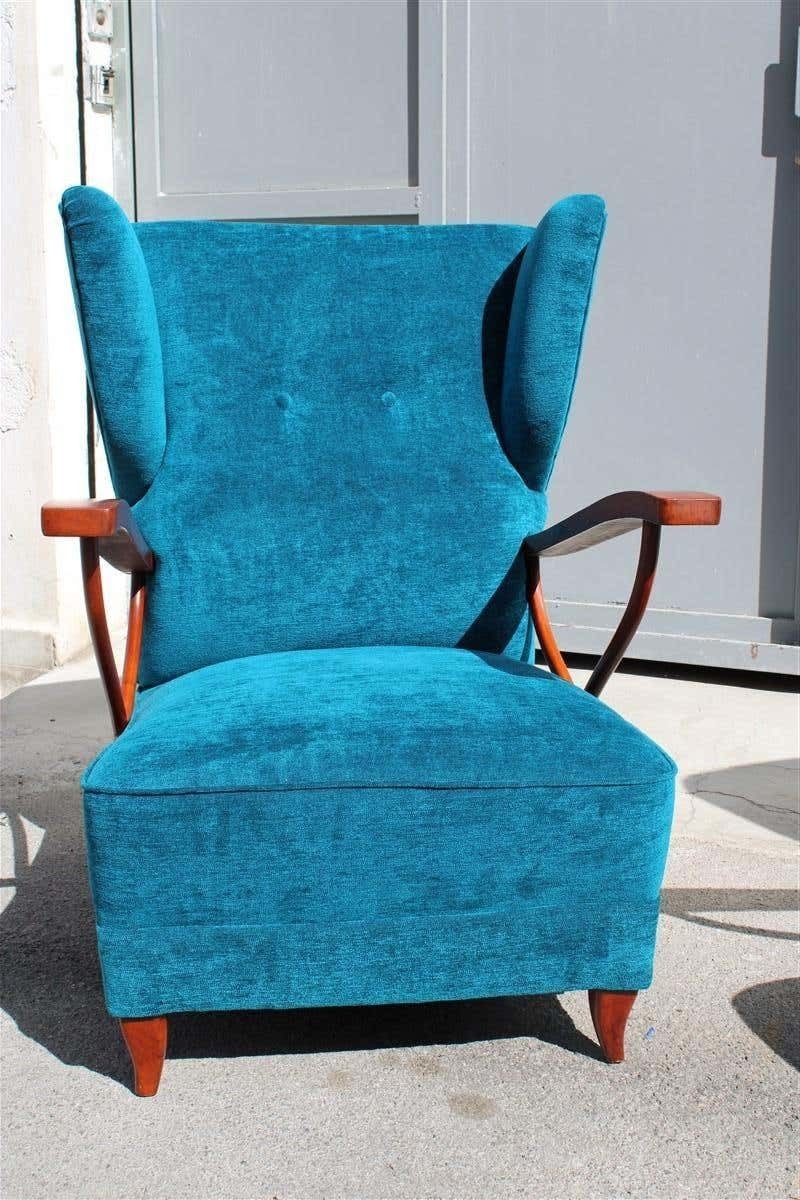 photo for sale Pair Of Italian Armchairs In Cherry Wood Blue Velvet Paolo Buffa Design 1950
