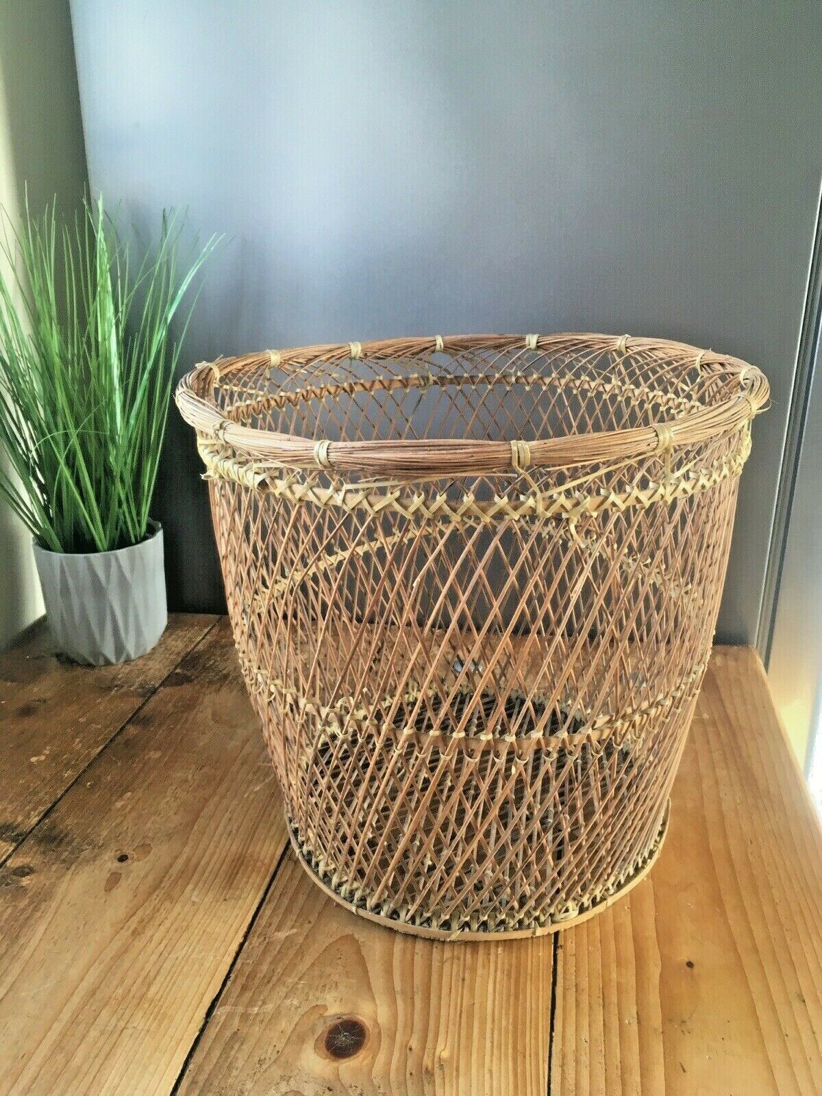 Vintage 50's 60's Woven Wicker Basket Waste Paper Bins Boho Tiki Retro Kitsch photo furniture