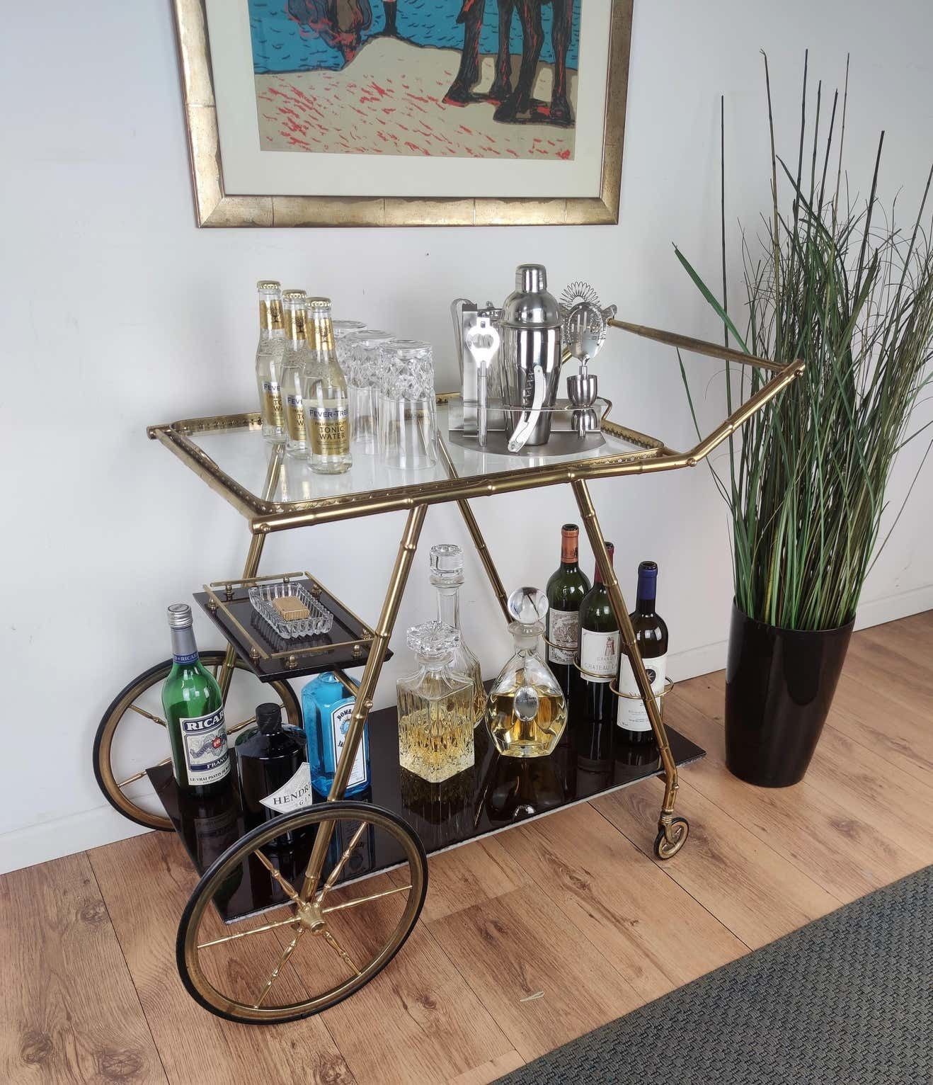 Two Tier Brass And Glass Bar Cart With Removable Top Tray, Italy, 1970s photo furniture