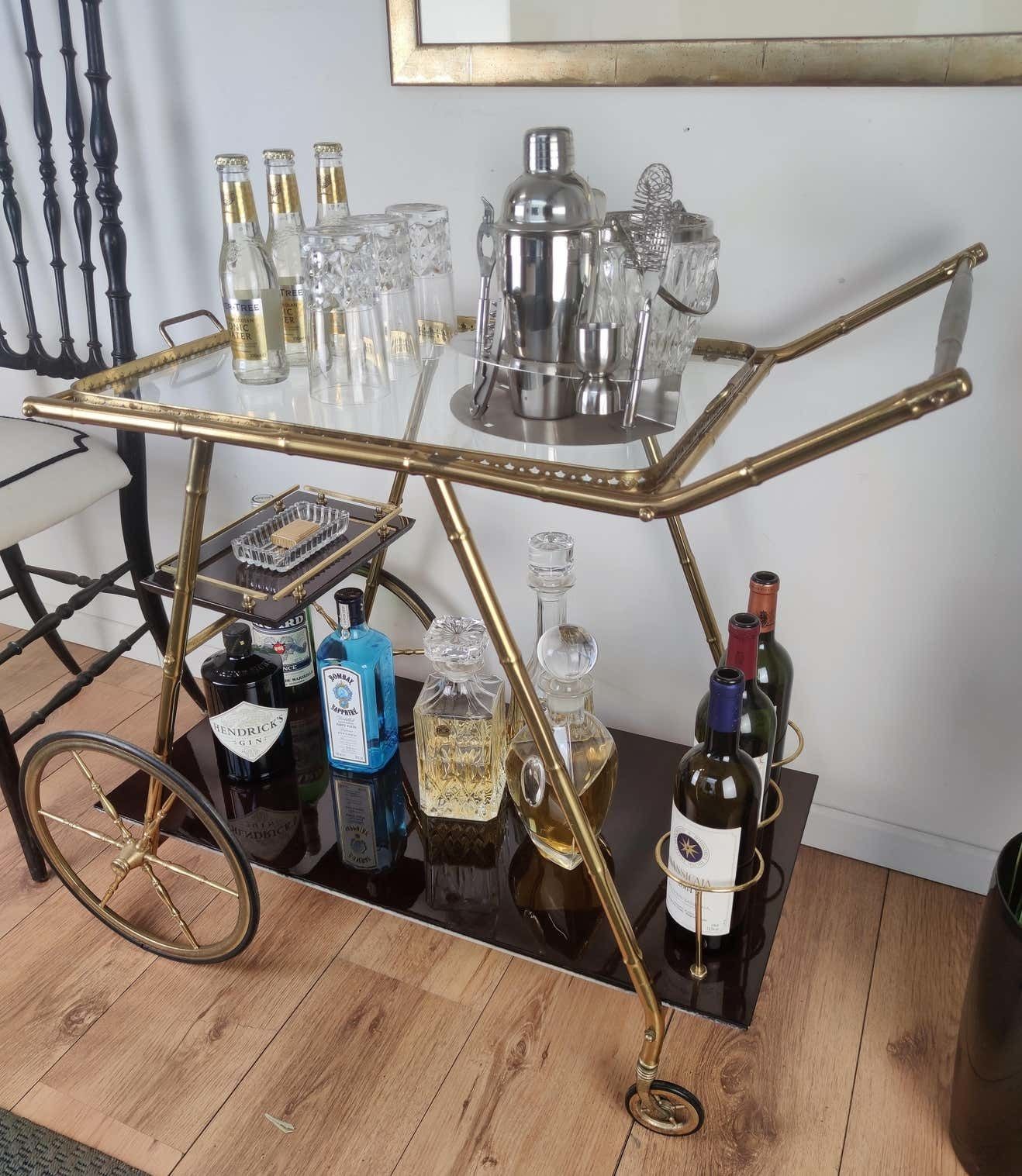 Two Tier Brass And Glass Bar Cart With Removable Top Tray, Italy, 1970s photo buy
