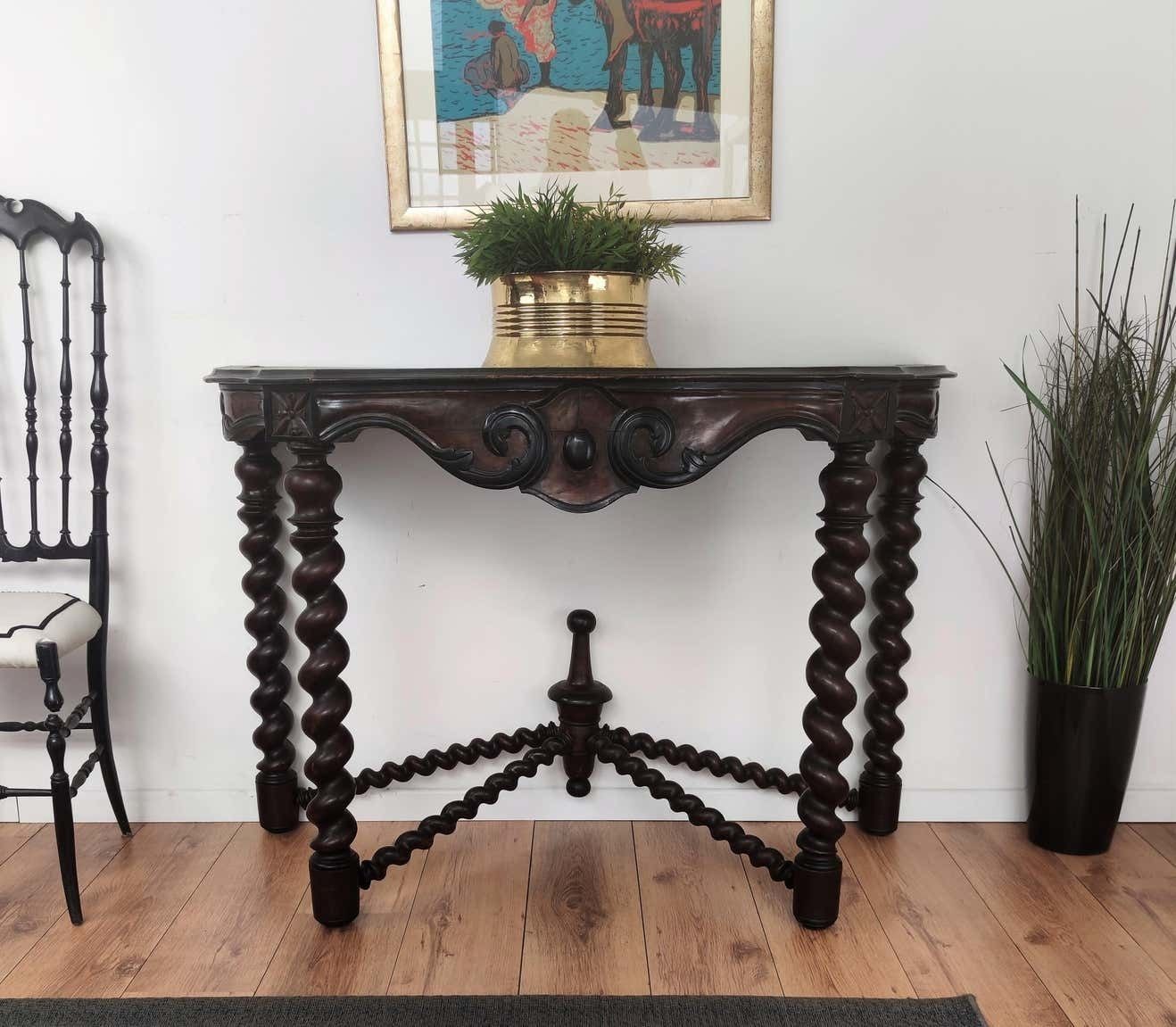 Antique French Console Side Table Carved Oak Beveled Top Barley Twisted Legs photo furniture