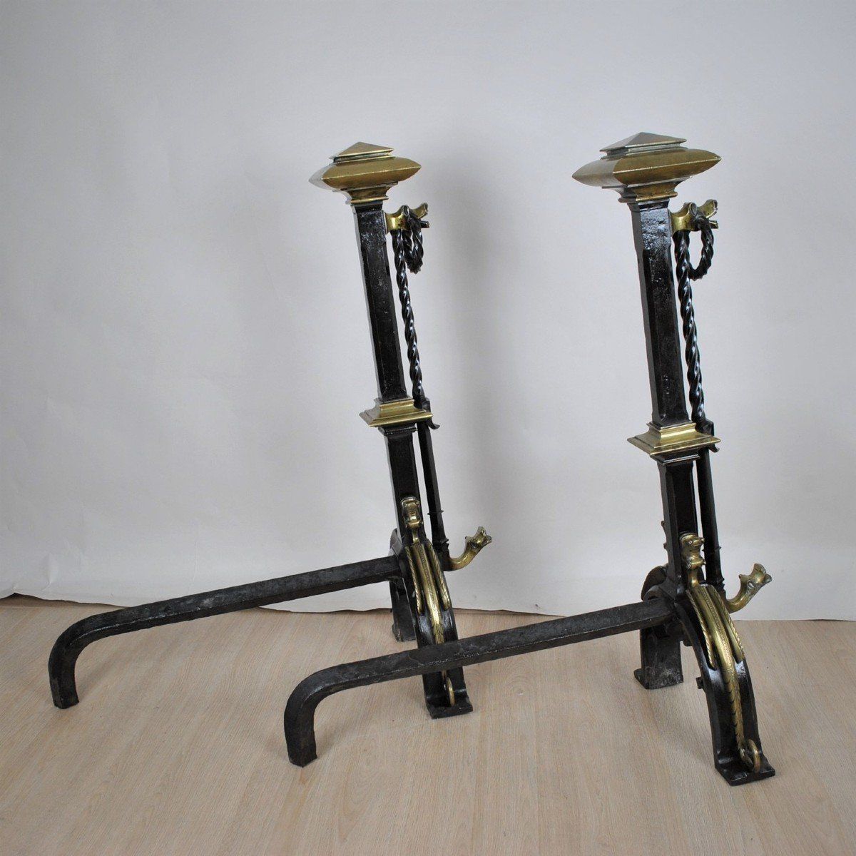 photo buy Pair Of Andirons In Bronze And Iron, Gothic Style, Xixth Century