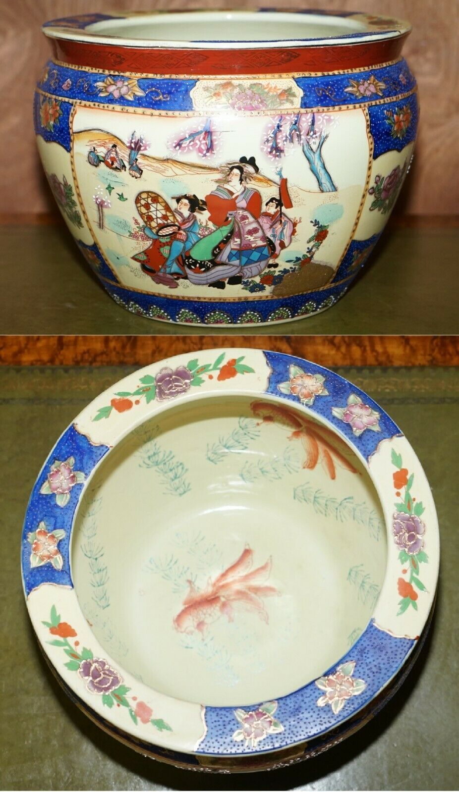 Vintage Large Chinese Export Satsuma Moriage Geishas Koi Fish Bowl Decorative