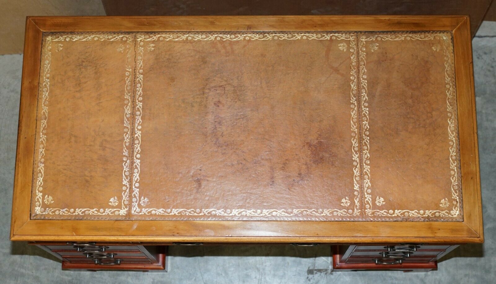 Vintage Walnut Twin Pedestal Partner Desk Tan Brown Leather Top Panelled Back photo 1350.0