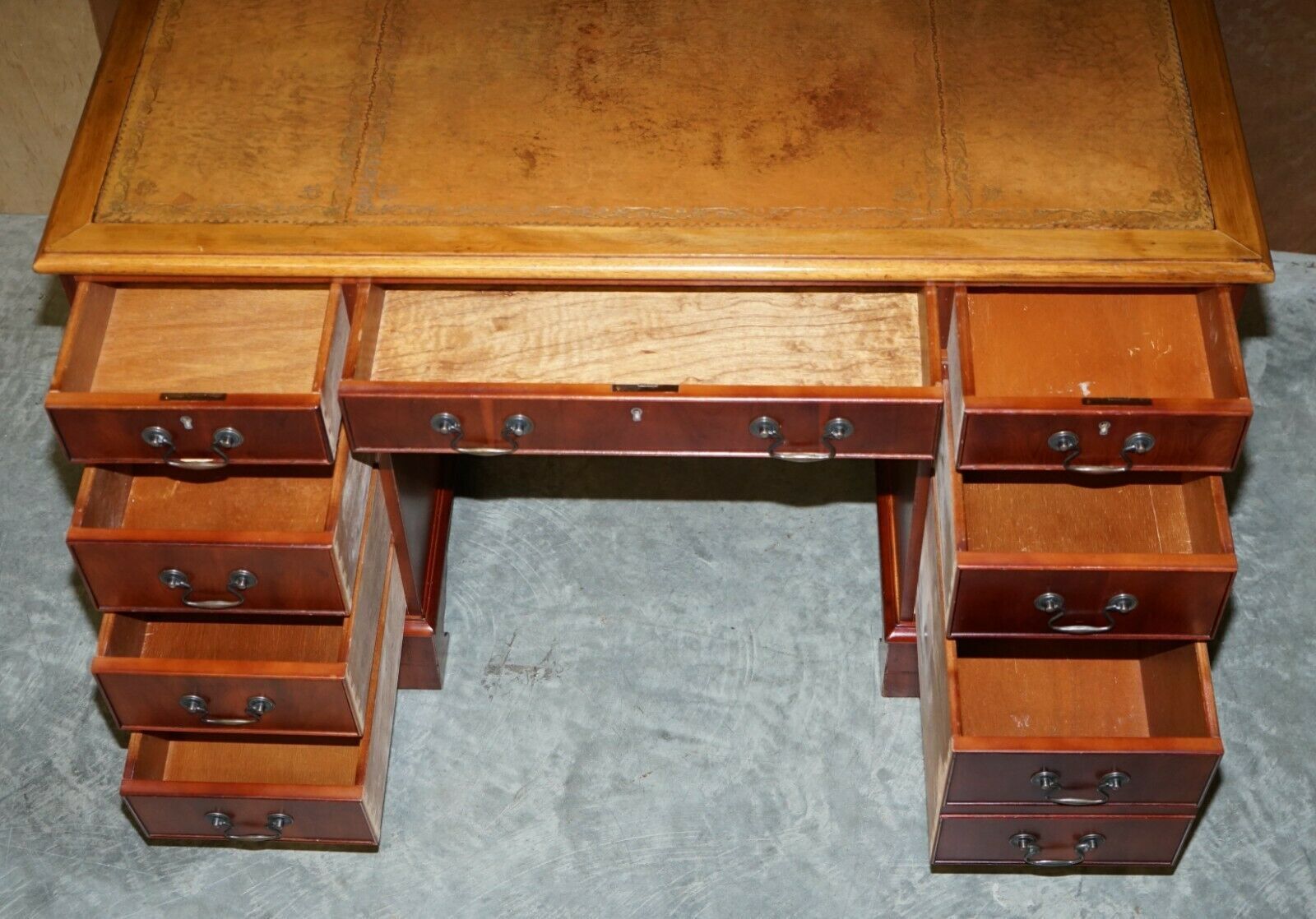 Furniture Vintage Walnut Twin Pedestal Partner Desk Tan Brown Leather Top Panelled Back photo