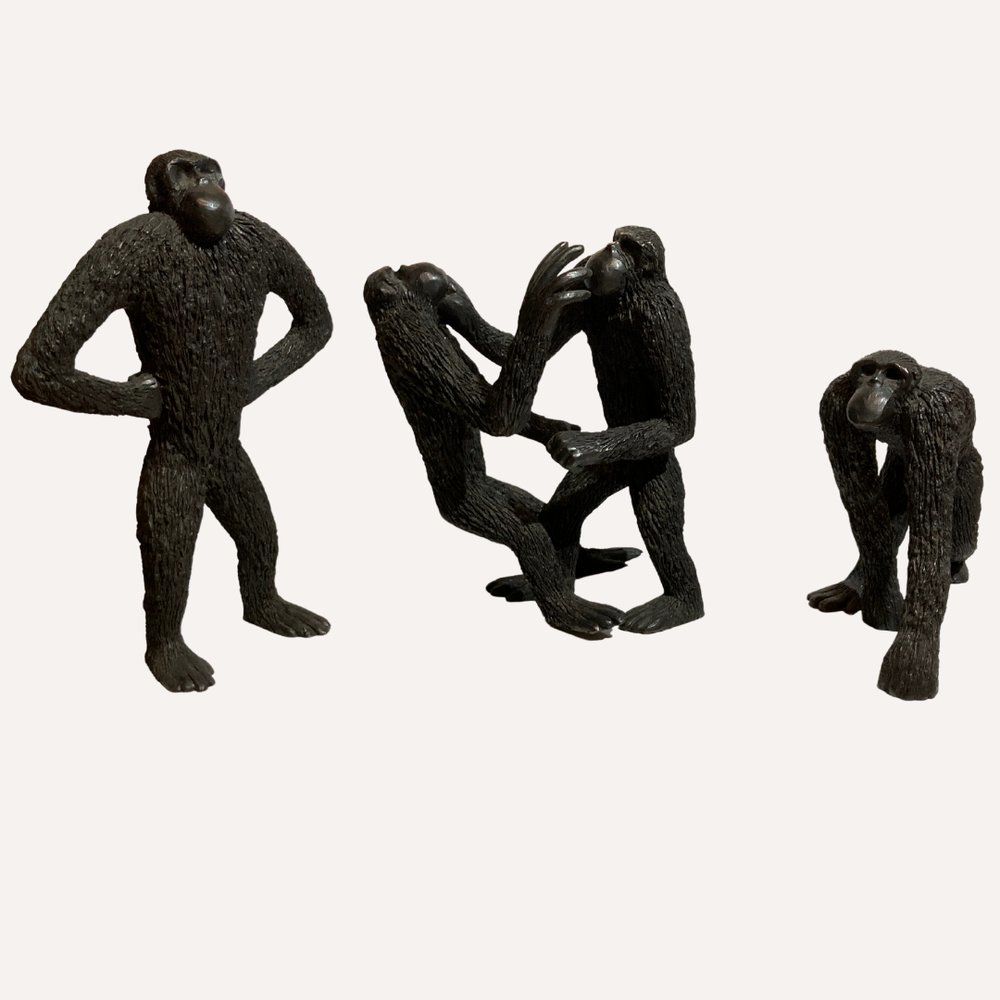 Bronze Apes, Monkeys France, 1970s, Solid Brass, Set Of 3