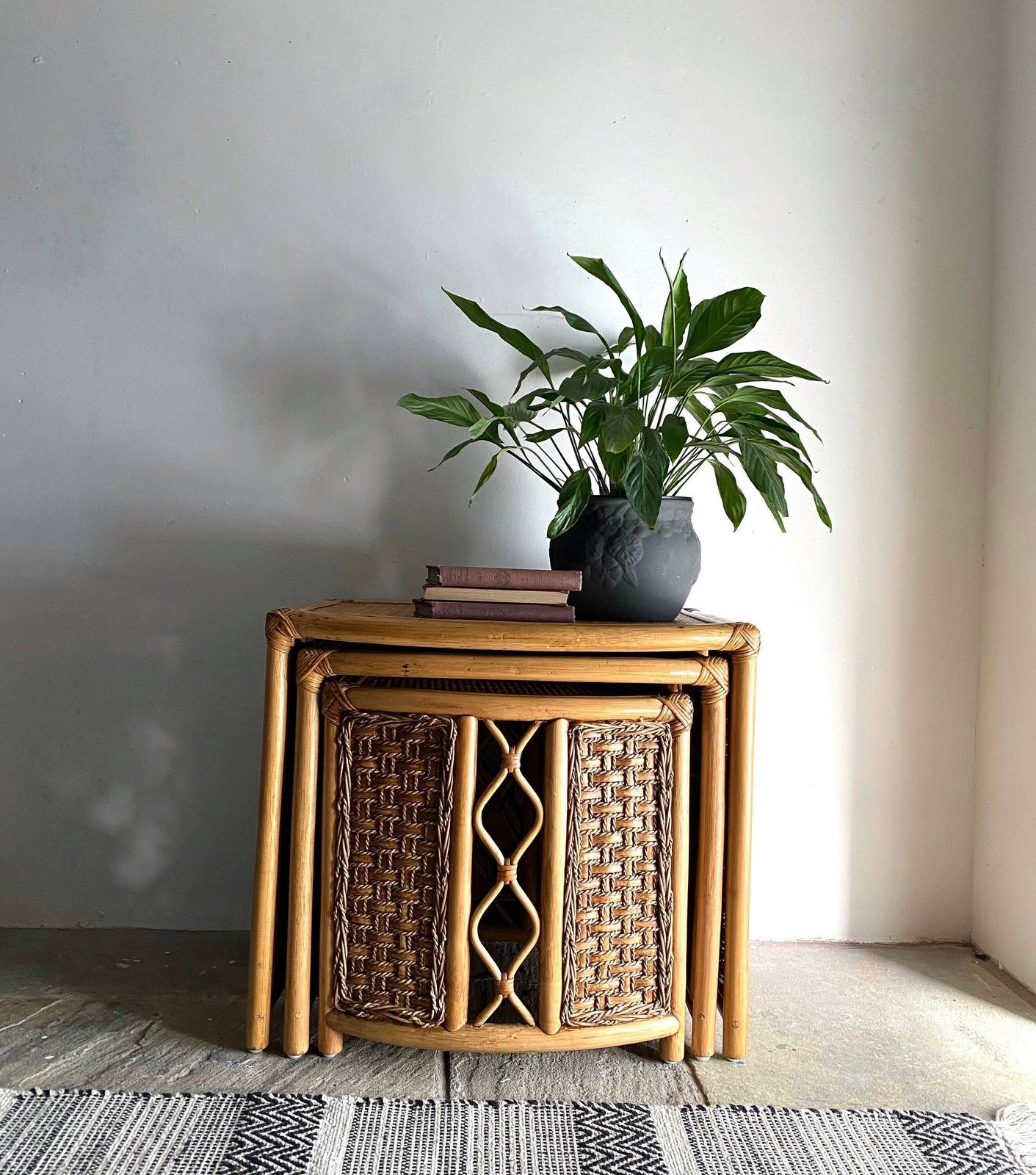 Set Of Bamboo Rattan Cane Mid Century Nest Of Tables