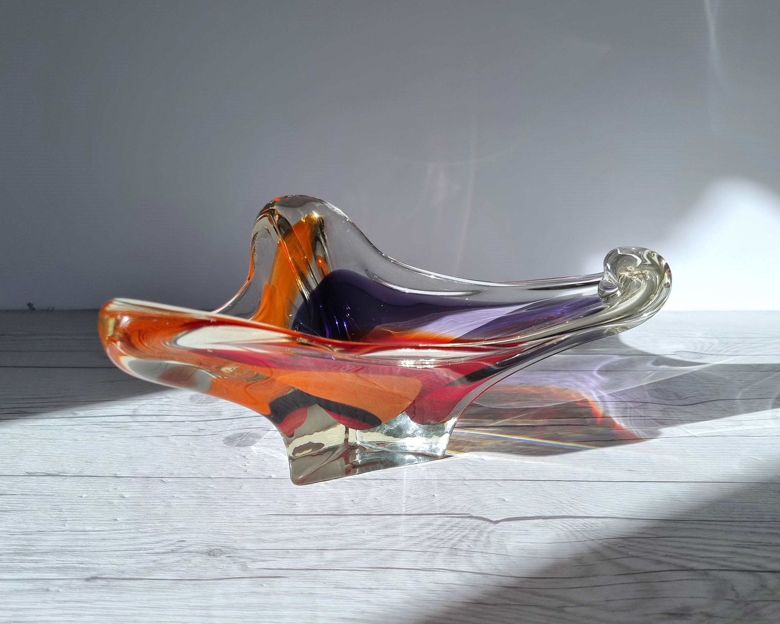 Iwatsu Hineri Glassworks, Sculpted Scarlet, Tangelo And Violet Stripe Tricorn Dish 1960s 70s photo furniture