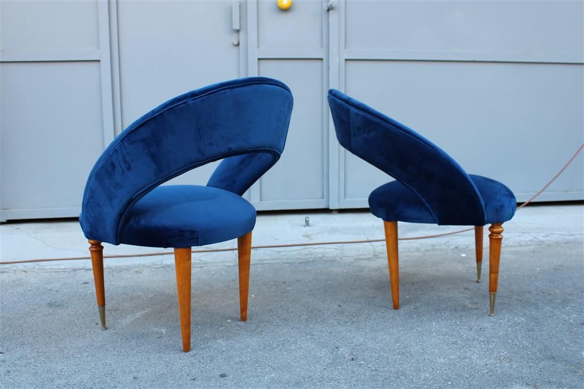 Pair Of Midcentury Cobalt Blue Brass Round Bedroom Chairs Maple Wood photo for sale