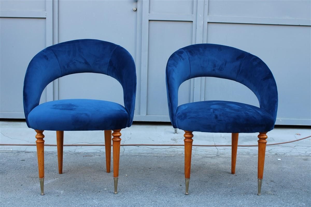 Pair Of Midcentury Cobalt Blue Brass Round Bedroom Chairs Maple Wood photo vinterior