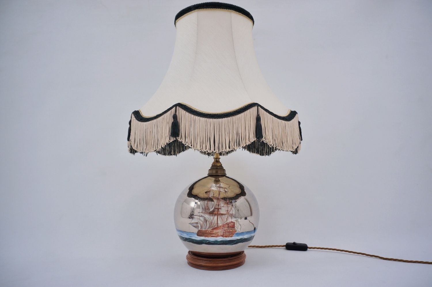 Mercury Glass Antique Table Lamp, Galleon & Ship, Handblown, 1920`s Ca, English, Rewired photo for sale