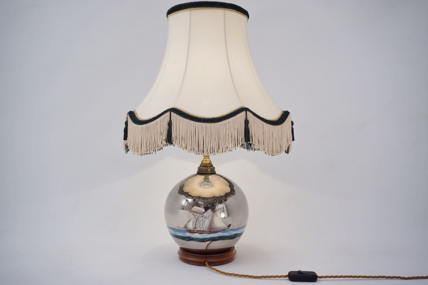 Mercury Glass Antique Table Lamp, Galleon & Ship, Handblown, 1920`s Ca, English, Rewired photo Lighting