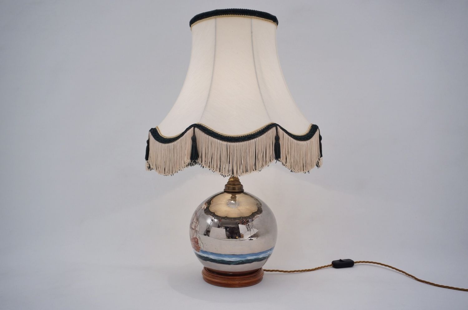 Mercury Glass Antique Table Lamp, Galleon & Ship, Handblown, 1920`s Ca, English, Rewired photo vintage