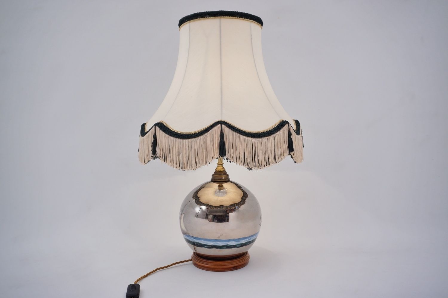 450.0 Mercury Glass Antique Table Lamp, Galleon & Ship, Handblown, 1920`s Ca, English, Rewired photo