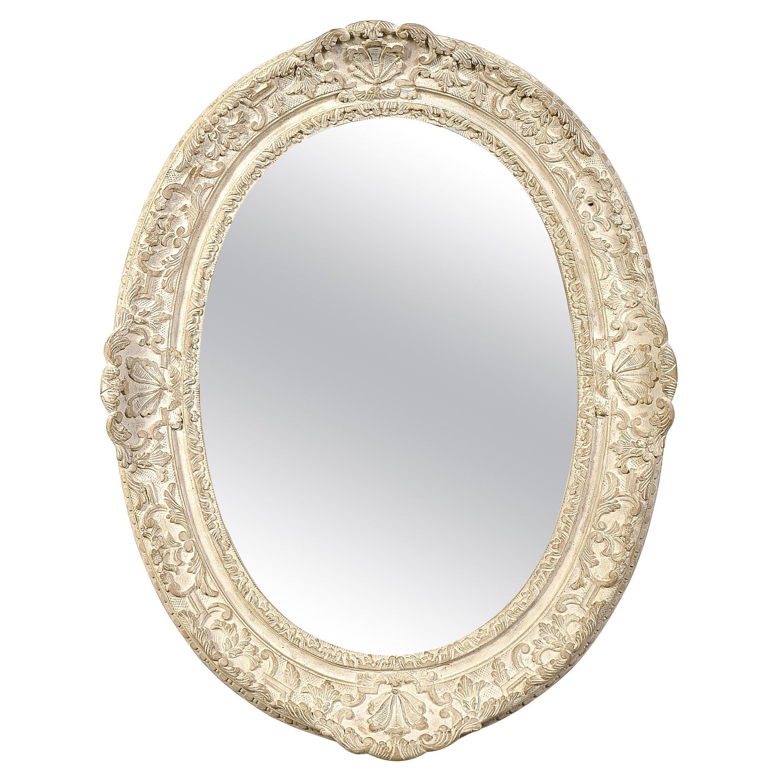 Neoclassical Empire Oval Silver Hand Carved Wooden Mirror, Spain, 1970