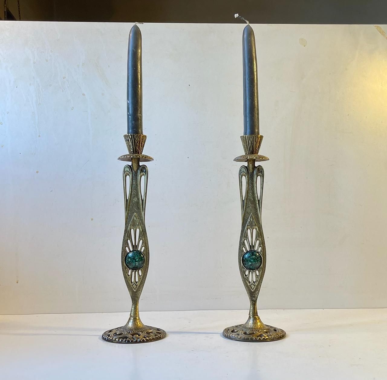 Vintage Holyland Brass Candlesticks With Green Eliat Stones photo furniture